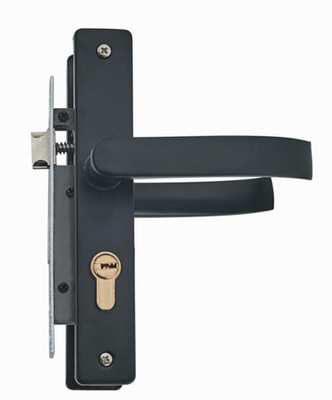 Puxe o hardware de madeira entalham um encaixe nos punhos de alavanca retos de bronze do zinco da fechadura da porta