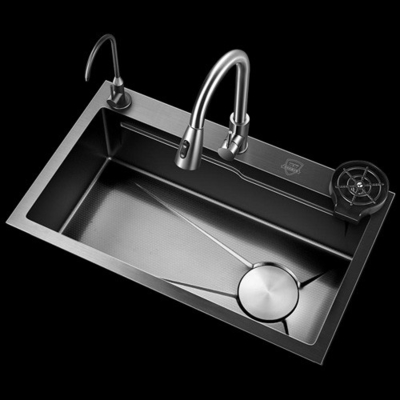 Lavatórios de cozinha multifunção 304 aço inoxidável Lavatório de cozinha torneira moderna Negro Cascata chuva Cozinha de tigela única