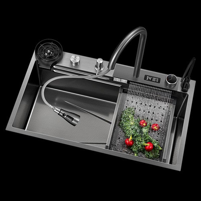 Lavatórios de cozinha multifunção 304 aço inoxidável Lavatório de cozinha torneira moderna Negro Cascata chuva Cozinha de tigela única