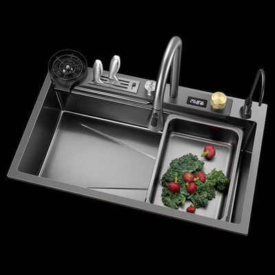 Lavatórios de cozinha multifunção 304 aço inoxidável Lavatório de cozinha torneira moderna Negro Cascata chuva Cozinha de tigela única